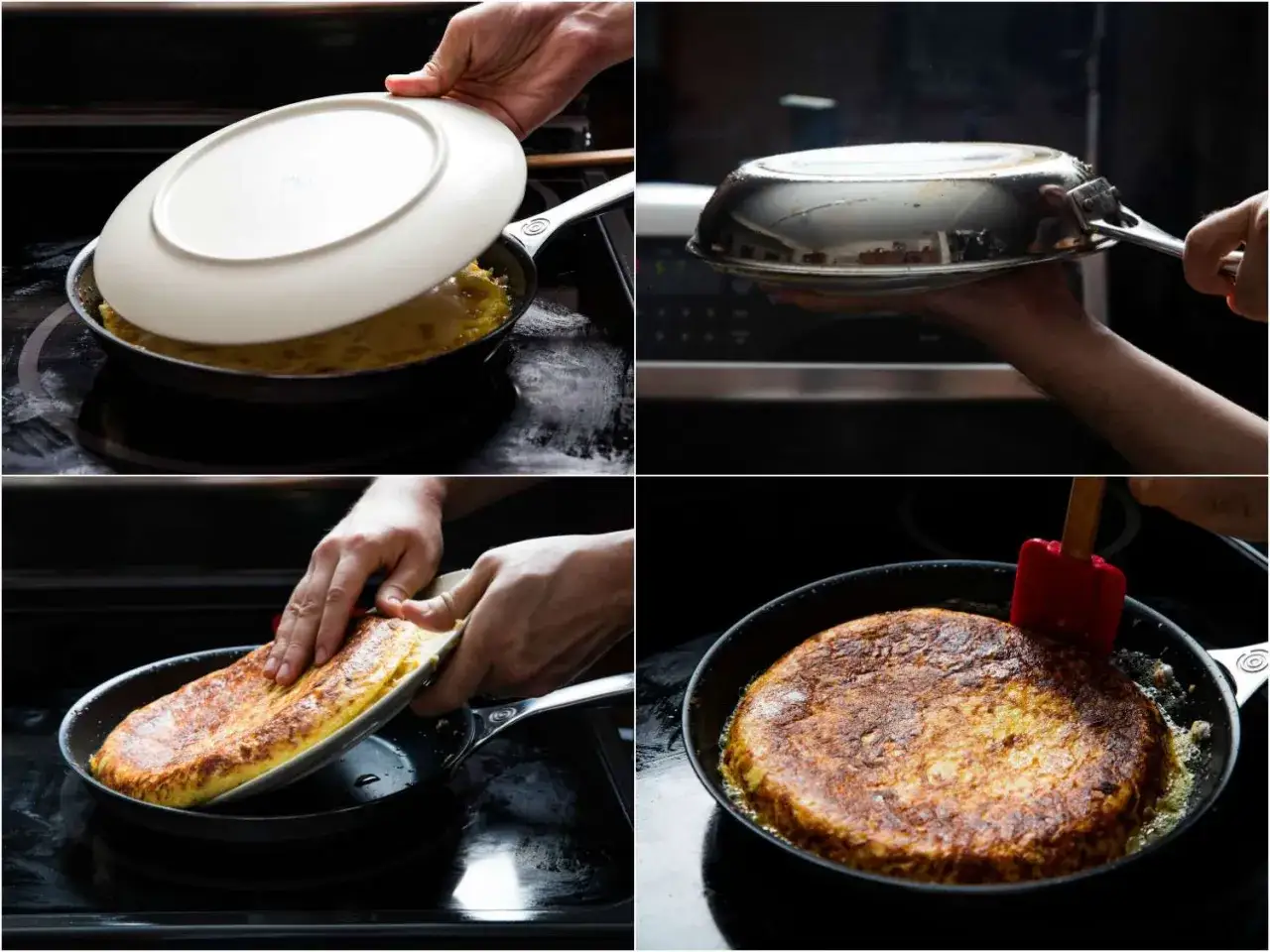 Spanische Kartoffel Tortilla wird in der Pfanne gewendet und mit einem roten Spatel in der Pfanne geformt.