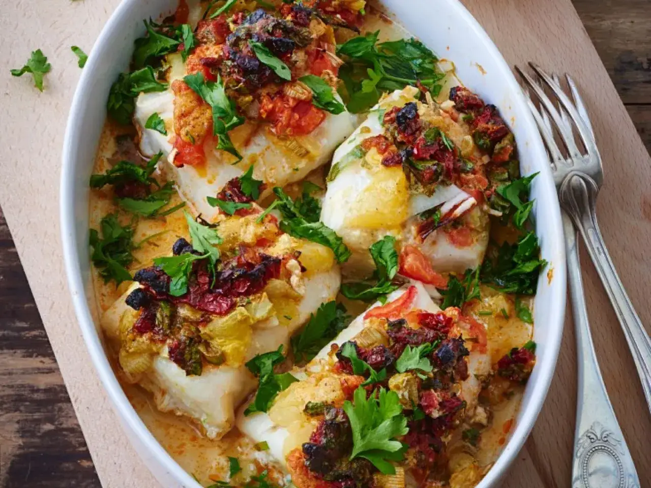 Kabeljau tiefgefroren zubereiten: Saftige Fischfilets in einer Auflaufform mit Tomaten, Lauch und Kr&auml;utern, &uuml;bergossen mit einer cremigen Sauce.