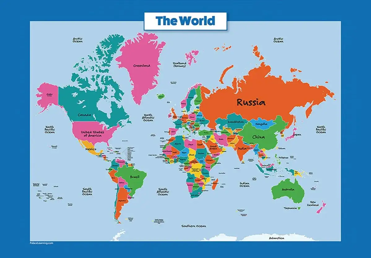 Kolorowa mapa świata z zaznaczonymi krajami i oceanami. Widoczne są kontynenty takie jak Ameryka Północna, Południowa, Europa, Azja, Afryka i Australia.