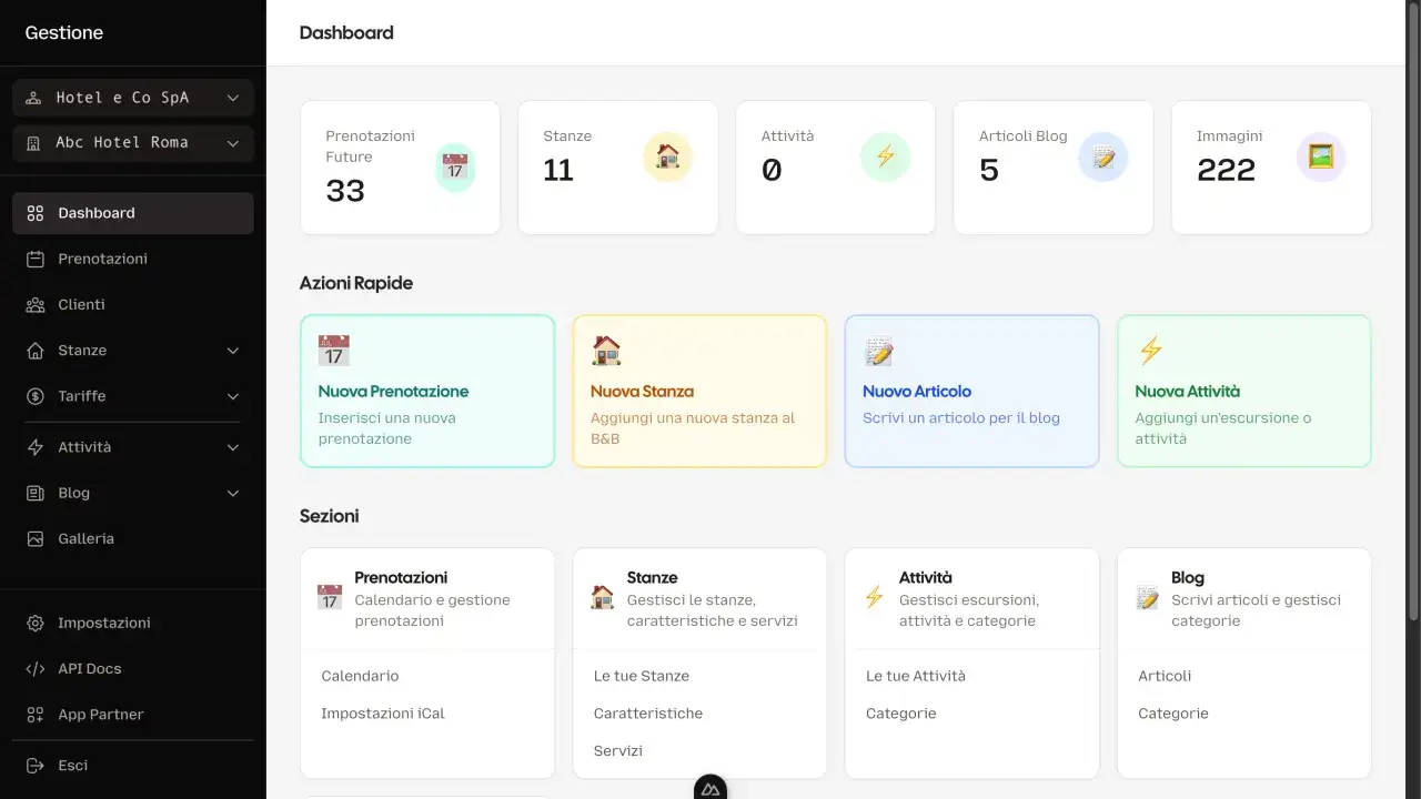 Dashboard per la gestione di un hotel. Permette il planning di hotel, prenotazioni, stanze, attività e blog.