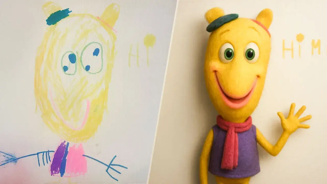 Kinderzeichnungen in echt: Ein gelbes Wesen mit Hut und Schal, das fr&ouml;hlich winkt, inspiriert von einer kindlichen Zeichnung.