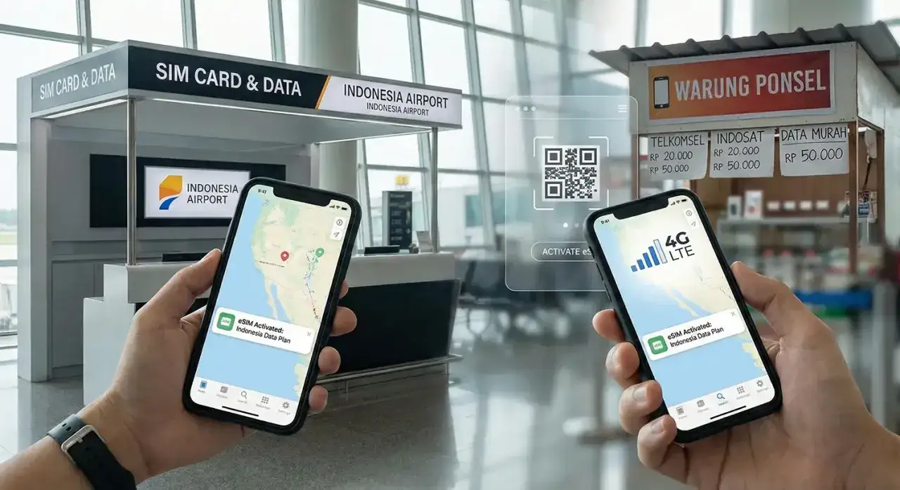 Dwie ręce trzymają smartfony z mapami, pokazujące, jakie mapy offline najlepiej działają na odległych wyspach Indonezji. W tle widać punkt sprzedaży kart SIM.
