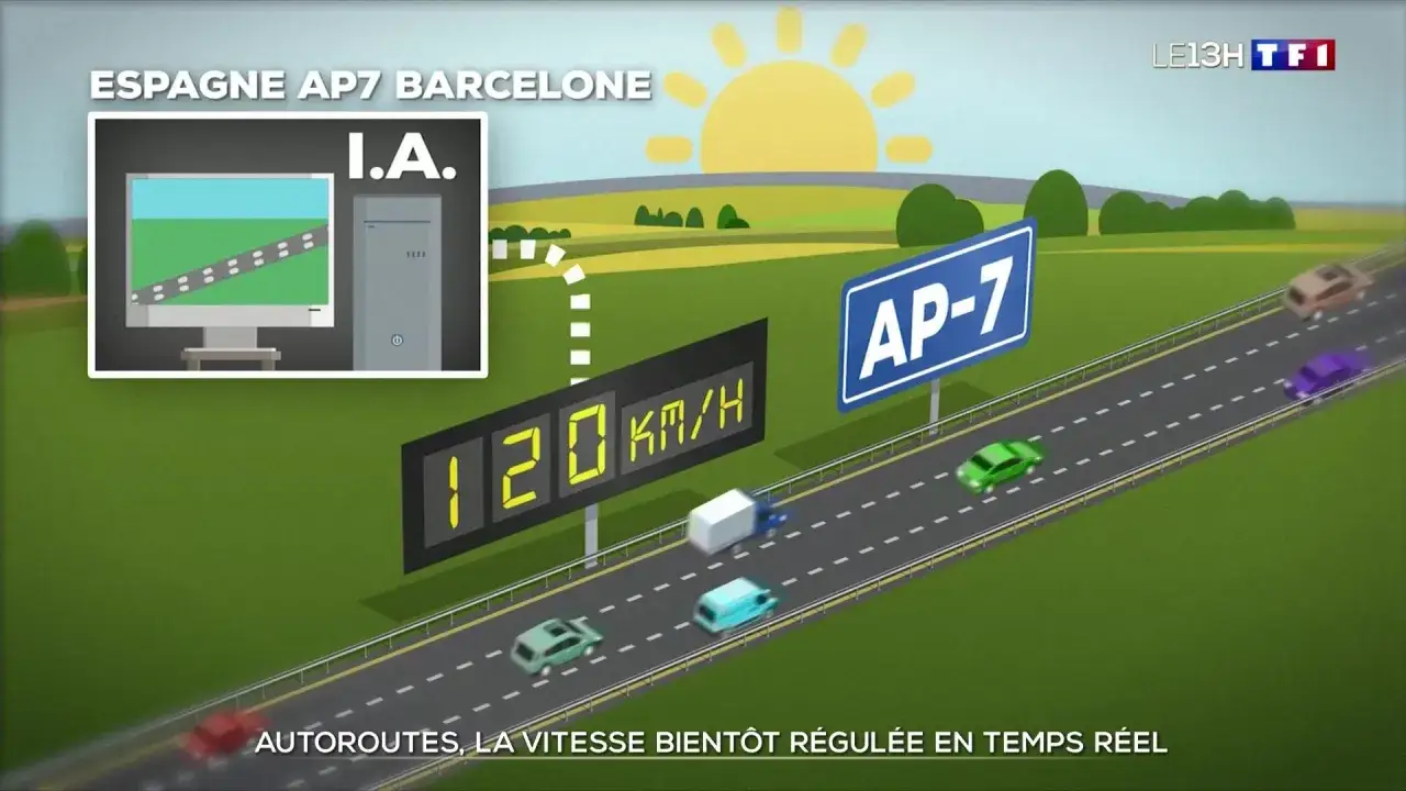 En Espagne, la limitation de vitesse sur l'AP-7 sera bientôt régulée en temps réel par IA, comme l'indique un panneau affichant 120 km/h.