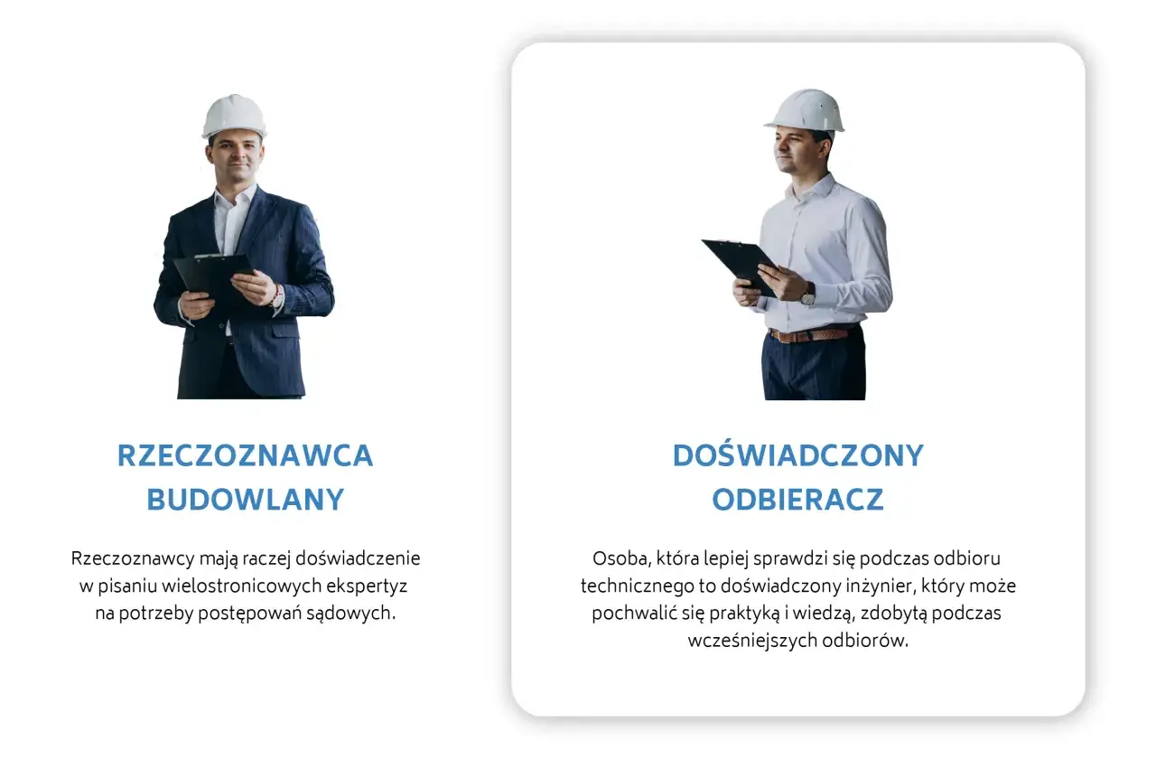 Dwóch mężczyzn w kaskach budowlanych, jeden w garniturze, drugi w koszuli, trzymających teczki.