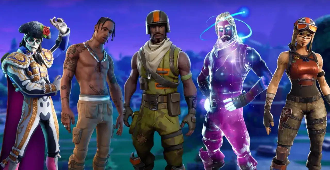 Kolekcja rzadkich skin&oacute;w Fortnite: postać w stroju Dia de los Muertos, Travis Scott, żołnierz, galaktyczny wojownik i dziewczyna w stroju rajdowca.
