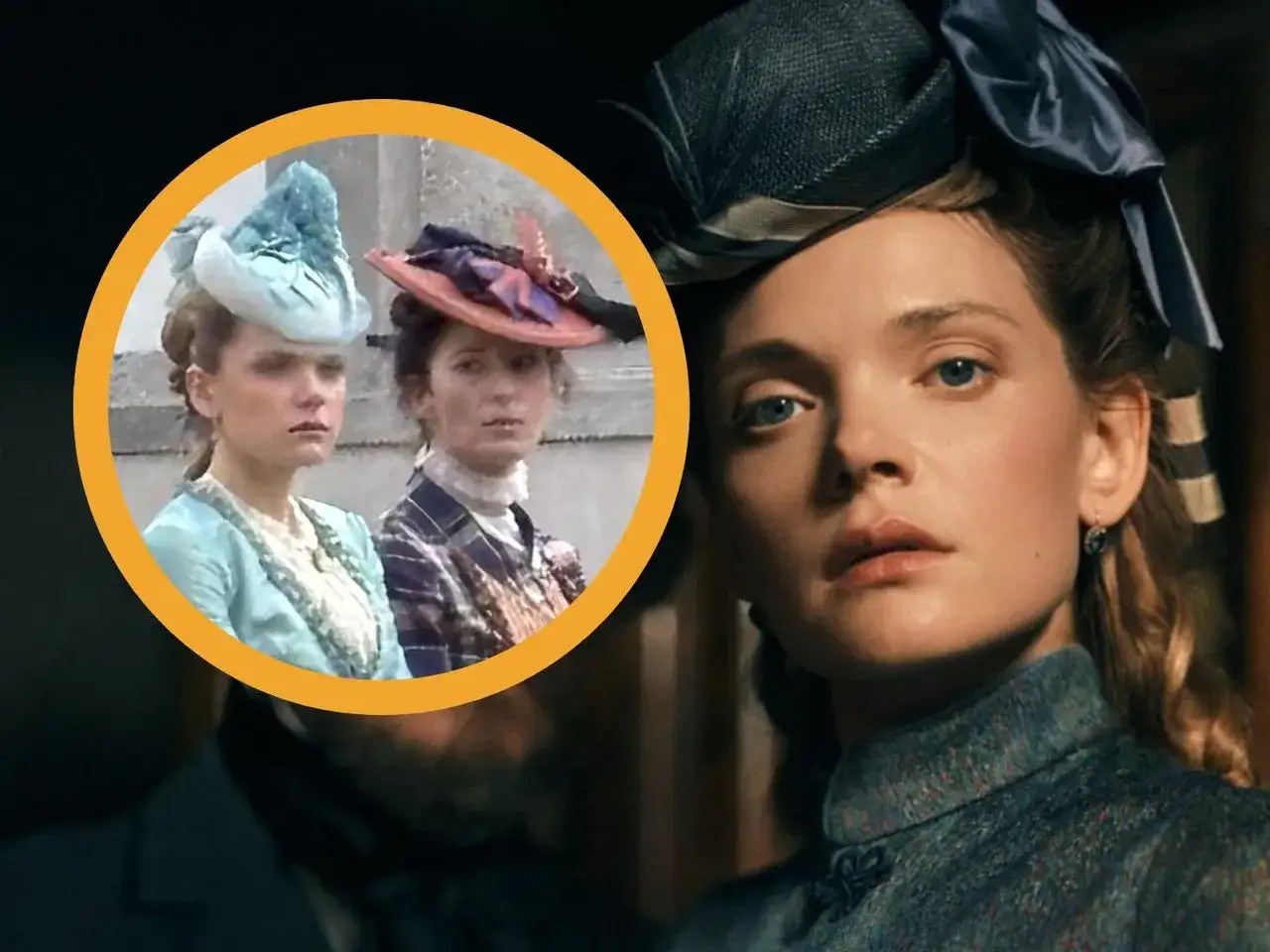 Dwie kobiety w historycznych strojach i kapeluszach, jedna z nich to lalka Netflix.