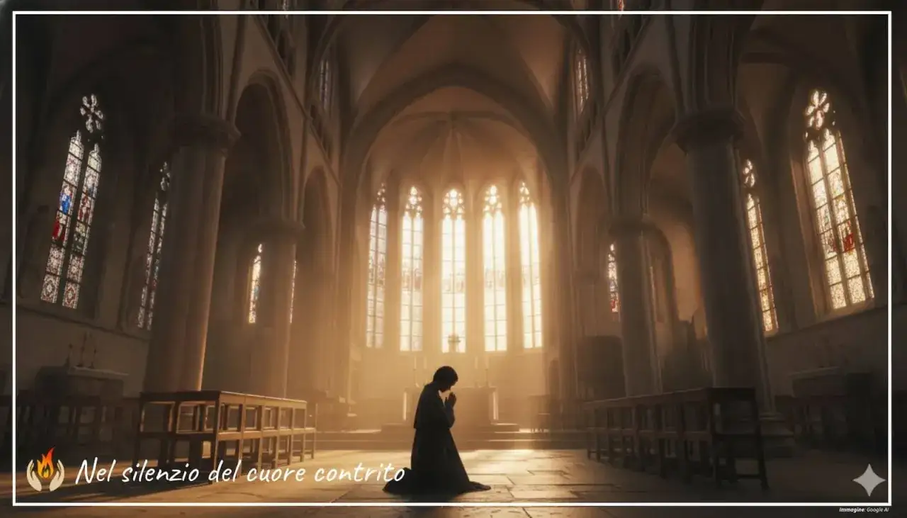 Interno di una chiesa con una persona in preghiera. La luce filtra dalle vetrate, creando un'atmosfera mistica. 