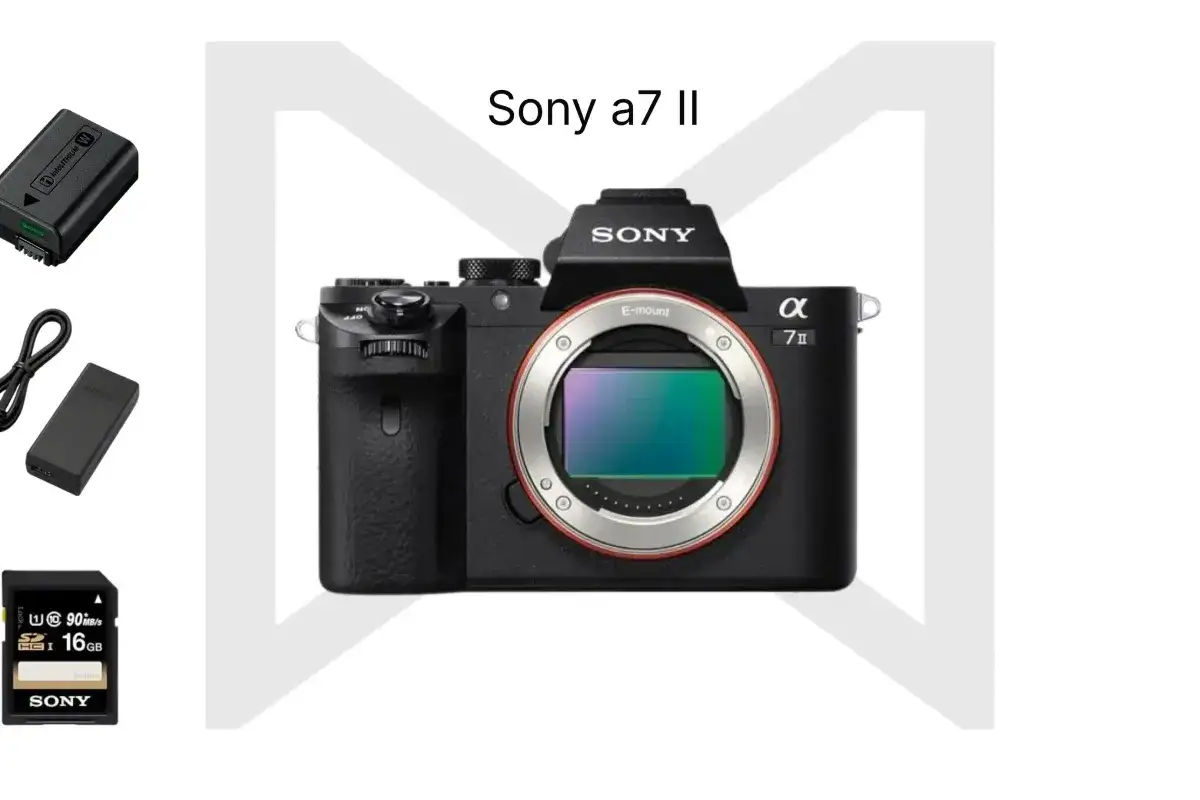 Un appareil photo Sony a7 II avec batterie, chargeur et carte mémoire 16 Go.