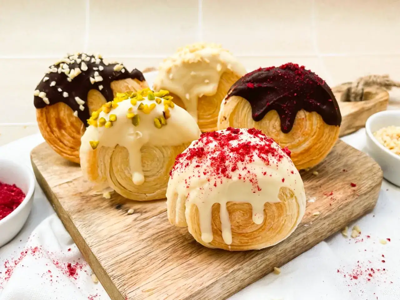 Fünf köstliche New York Rolls, verlockend dekoriert mit weißer und dunkler Schokolade, Pistazien und roten Beeren.