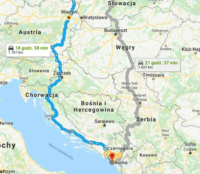 Mapa tras samochodowych Polska Czarnogóra