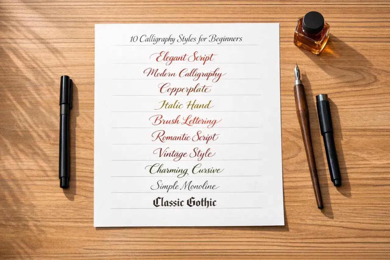Lista 10 rodzajów pisma: Elegant Script, Modern Calligraphy, Copperplate, Italic Hand, Brush Lettering, Romantic Script, Vintage Style, Charming Cursive, Simple Monoline, Classic Gothic.