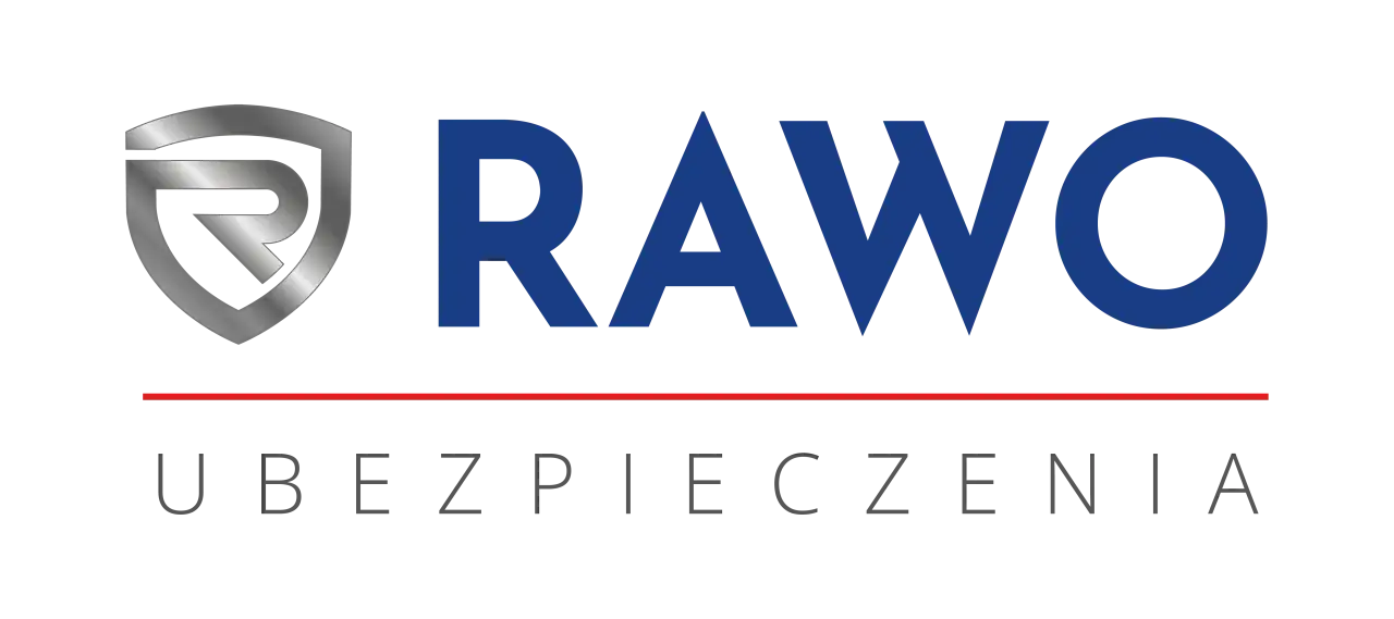 Logo RAWO Ubezpieczenia: srebrna tarcza z literą R i niebieski napis RAWO nad czerwona linią i napisem UBEZPIECZENIA.