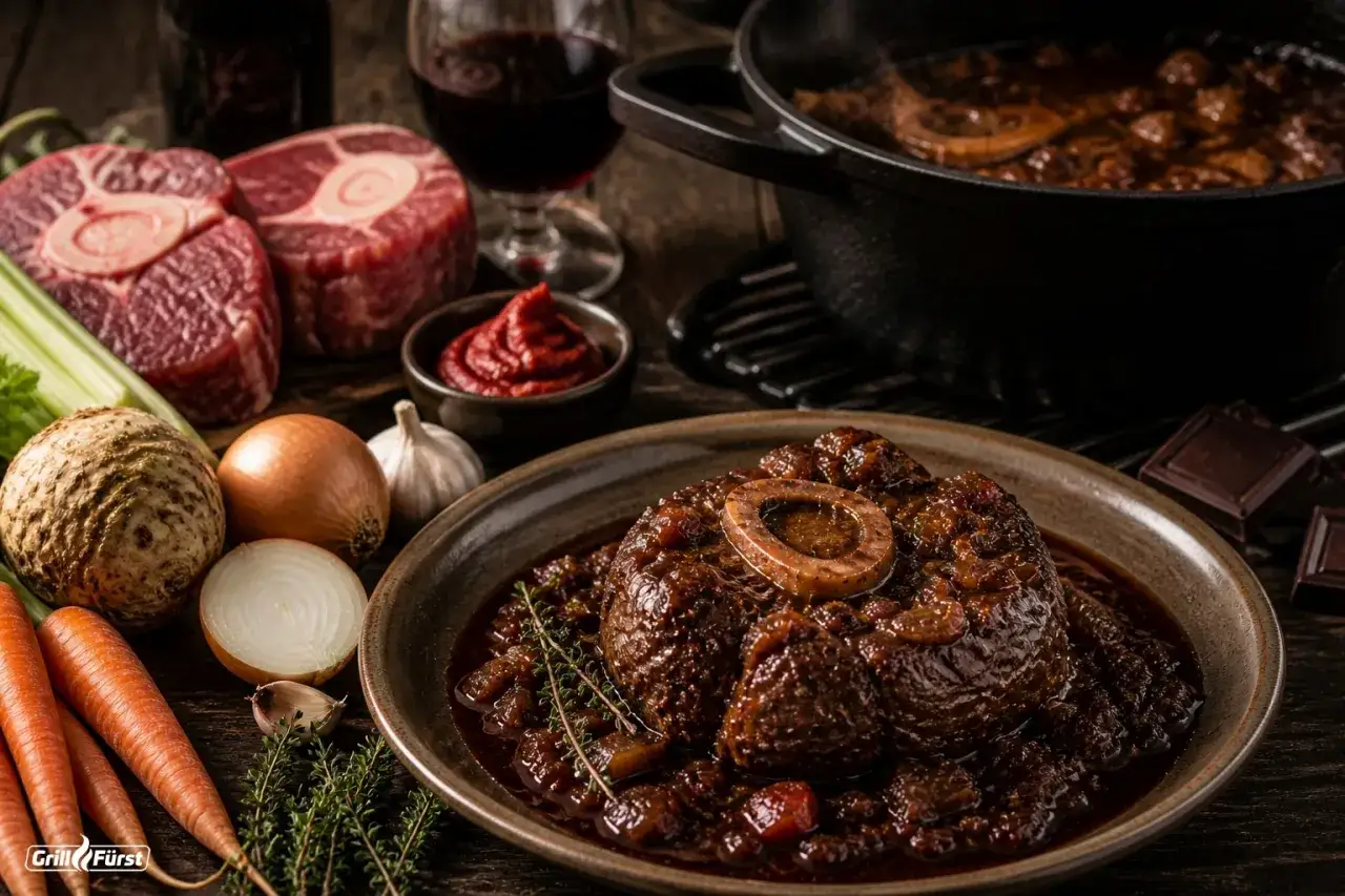 Ein k&ouml;stliches Ossobuco vom Rind, dampfend in einer Sauce, daneben rohes Fleisch, Gem&uuml;se und ein Glas Rotwein.