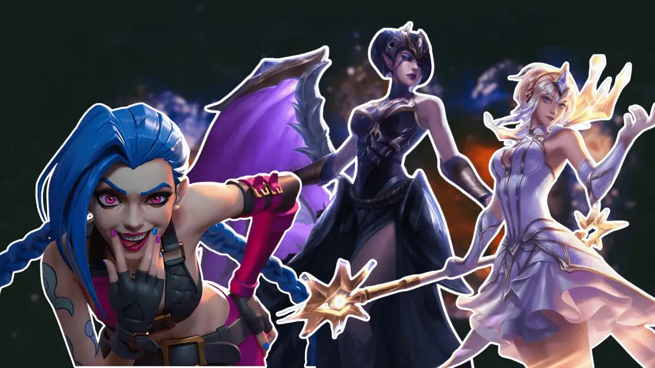 Jinx, Morgana i Lux – trzy ikoniczne lol postacie damskie z League of Legends, gotowe do walki.
