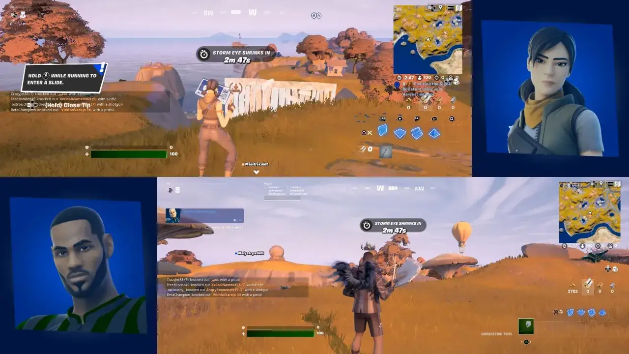 Gracze w Fortnite gry online walczą o przetrwanie. Widok podzielony na cztery części: rozgrywka, mapa, postacie graczy i lista eliminacji.