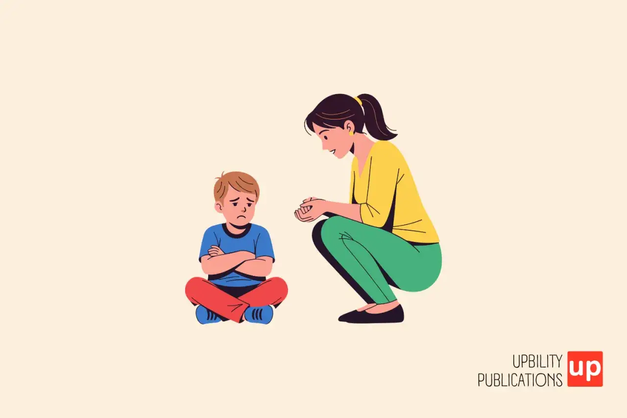 Mujer habla con niño sentado, con brazos cruzados y expresión triste. Podría ser una conversación sobre el toc en niños.