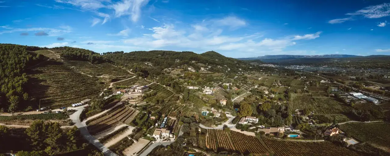 Vue aérienne d'un paysage viticole vallonné, parsemé de maisons provençales et de la bastide blanche.