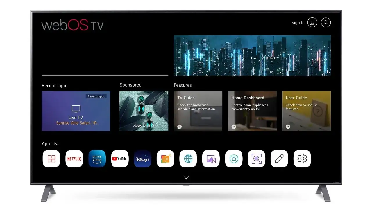 Ekran telewizora LG z systemem webOS TV. Widoczna instrukcja obsługi telewizora LG, zakładka 