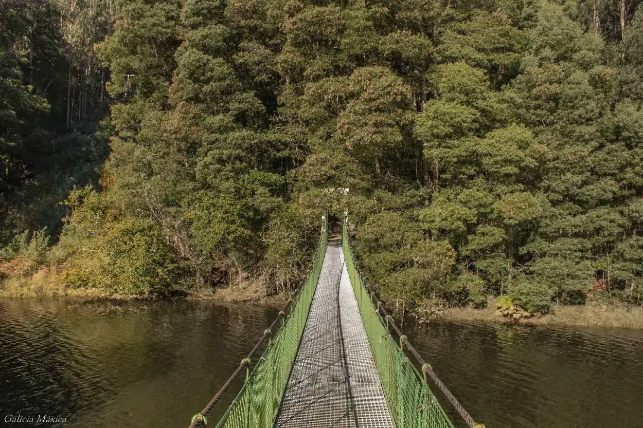 Puente colgante verde sobre un río tranquilo, rodeado de frondosos bosques. Un camino para explorar la naturaleza, quizás hasta ponte nafonso.