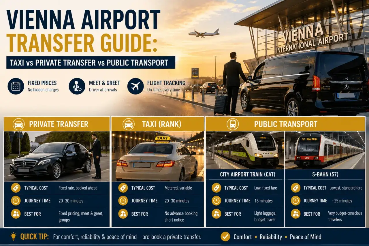 Guide f&ouml;r transport fr&aring;n flygplatsen Wien: privat transfer, taxi eller kollektivtrafik. J&auml;mf&ouml;r priser och restider.