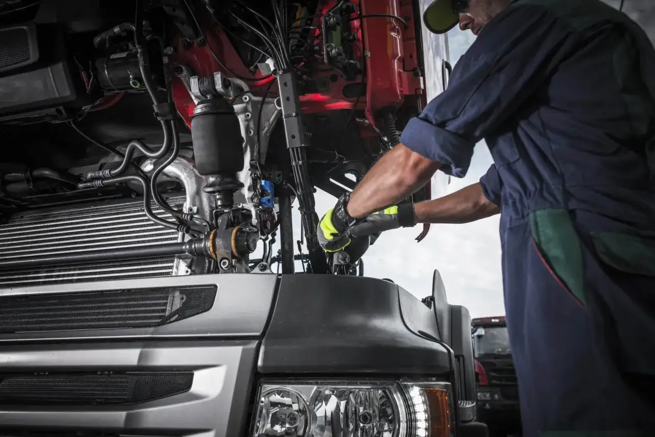 M&eacute;canicien travaillant sur le moteur d'un camion. Un passage aux mines poids lourds est essentiel pour la maintenance.