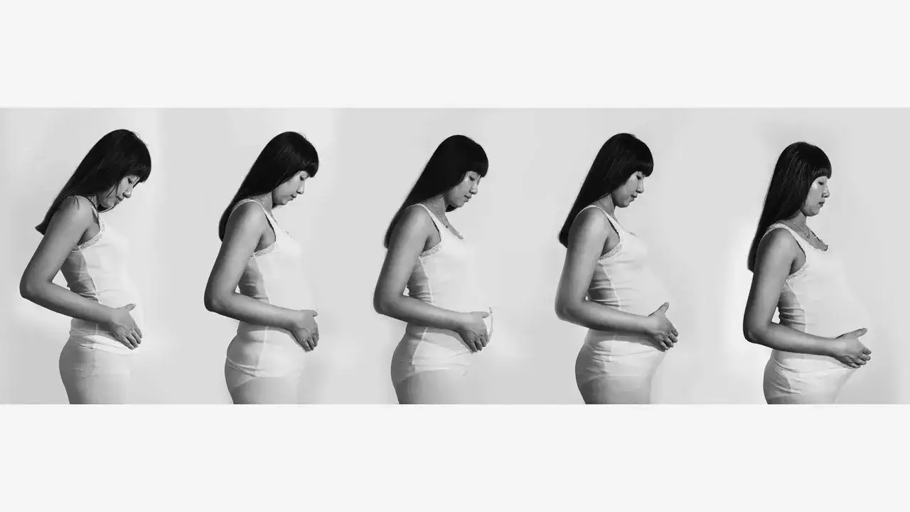 En serie bilder visar en kvinna i profil som håller sin växande mage. Från tidig graviditet till gravid vecka 26.
