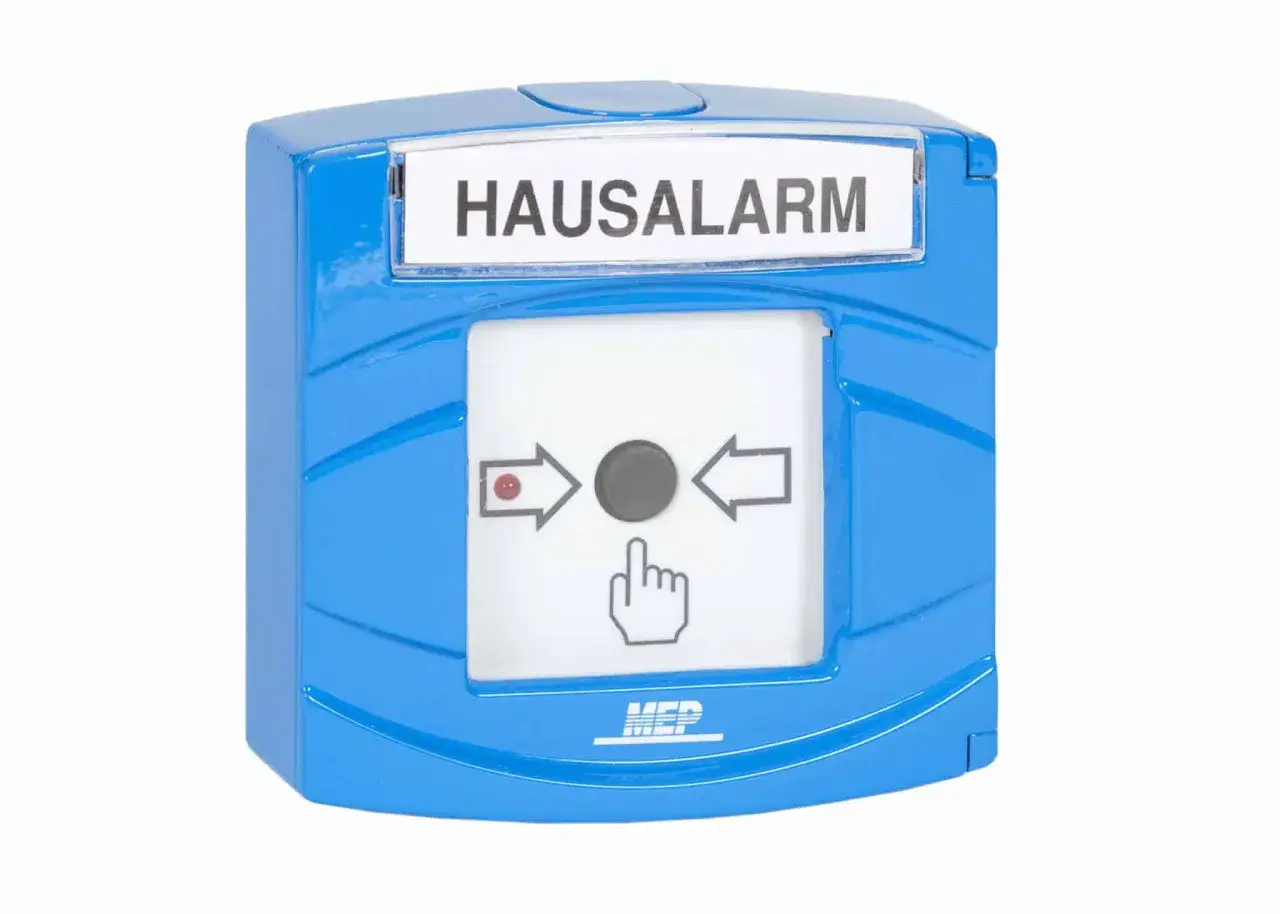 Blauer HAUSALARMANLAGE-Knopf mit Symbolen f&uuml;r Brandschutz und Bedienung.