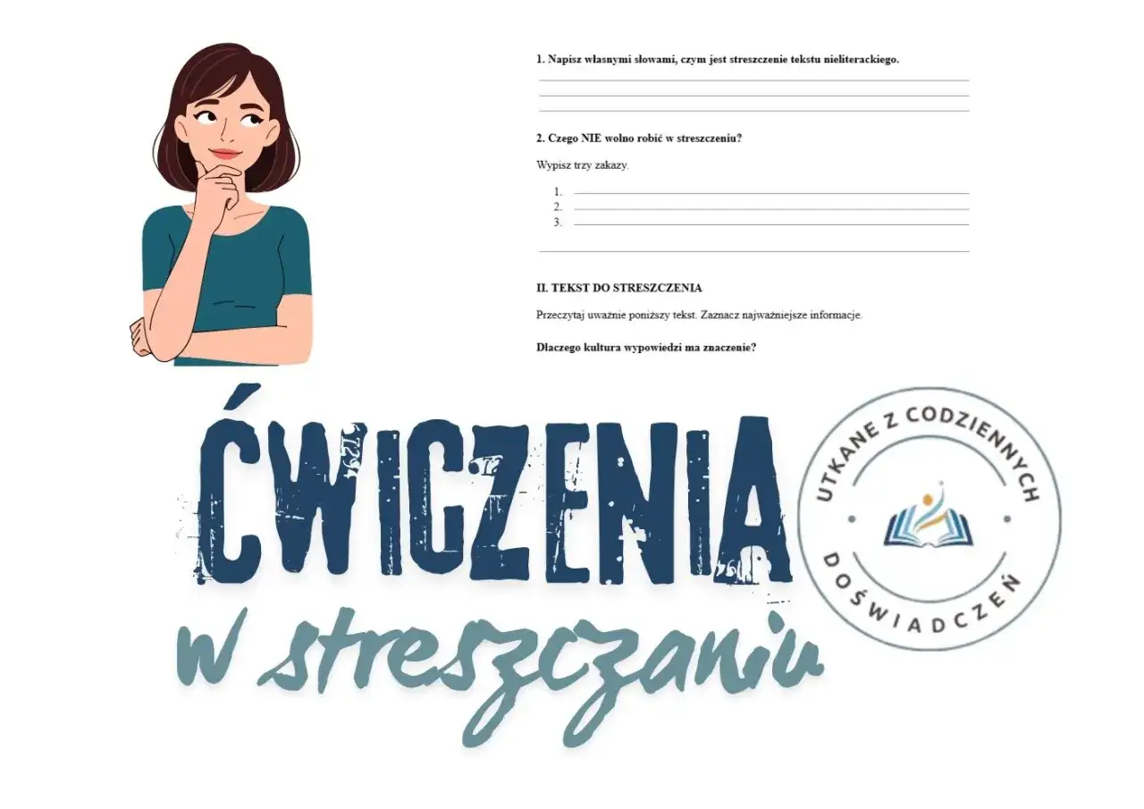 Dziewczyna zastanawia się, jak napisać streszczenie. Ćwiczenia z pisania streszczeń.