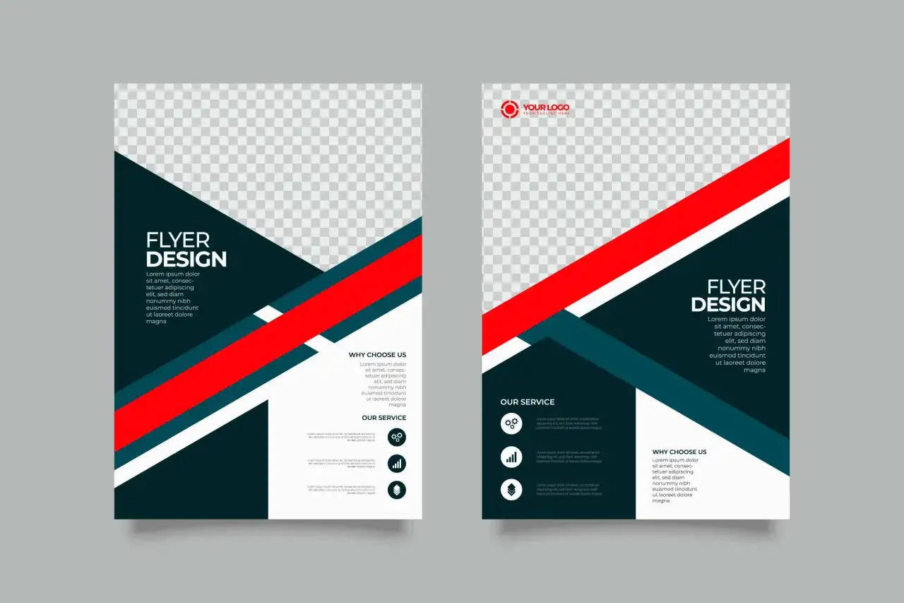 Diseño de flyer moderno con franjas rojas y azul marino. Aprende como hacer un flyer atractivo con estas plantillas.