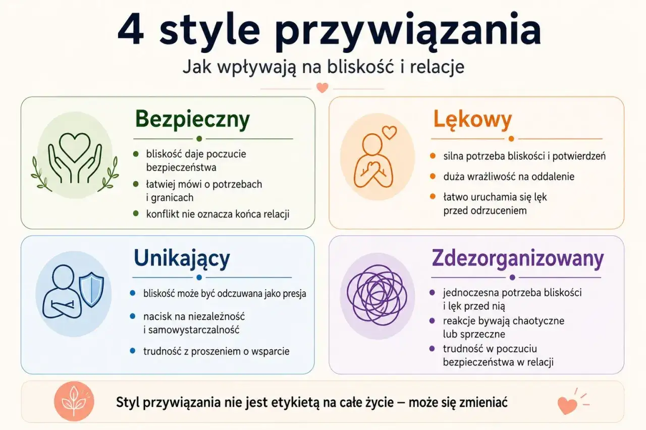 Psychologia związku: 4 style przywiązania – bezpieczny, lękowy, unikający, zdezorganizowany. Jak wpływają na bliskość i relacje.