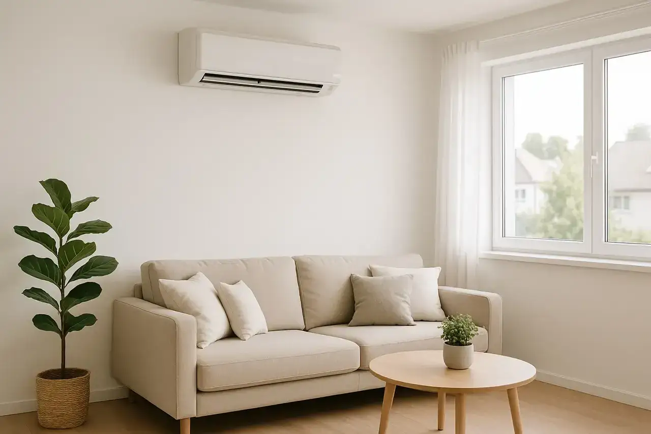 Nowoczesny salon z kanapą i klimatyzatorem 2.5 kW, który efektywnie chłodzi pomieszczenie do 30 m².