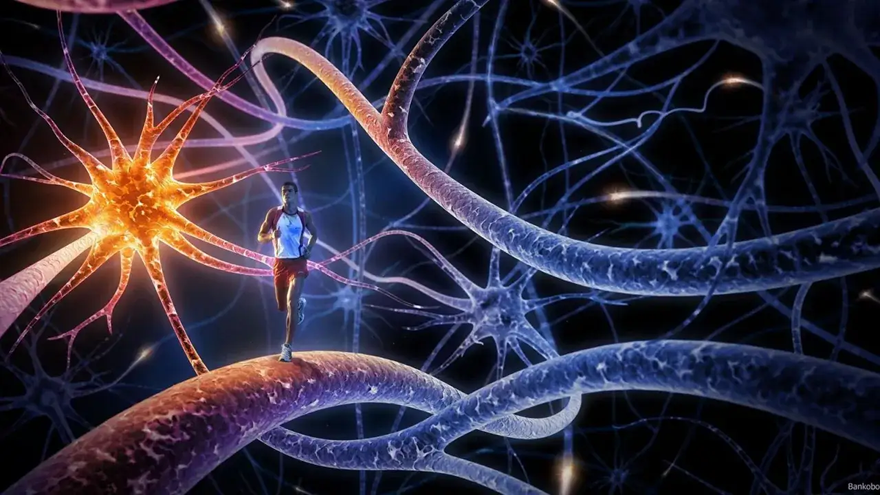 Un coureur stimule son cerveau, lib&eacute;rant des endorphines. Le sport, une connexion neuronale vibrante.