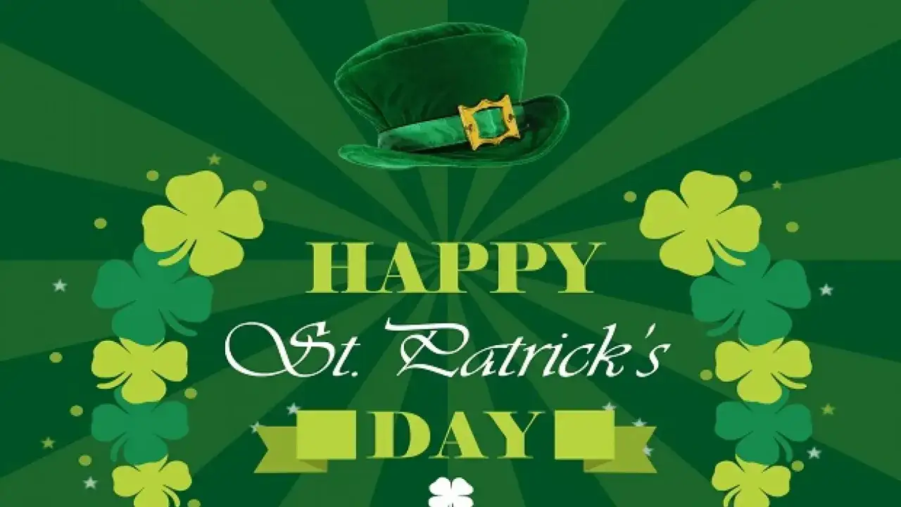 Un sombrero verde de duende y tréboles decoran este diseño de **Saint Patrick's** Day.