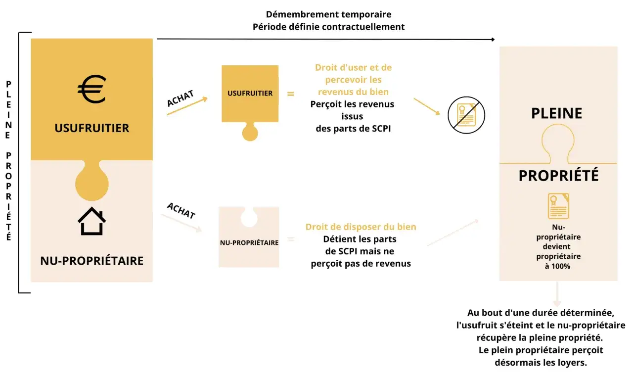 Schéma expliquant le démembrement temporaire de propriété : l'usufruitier perçoit les revenus des parts de SCPI, le nu-propriétaire détient le bien.