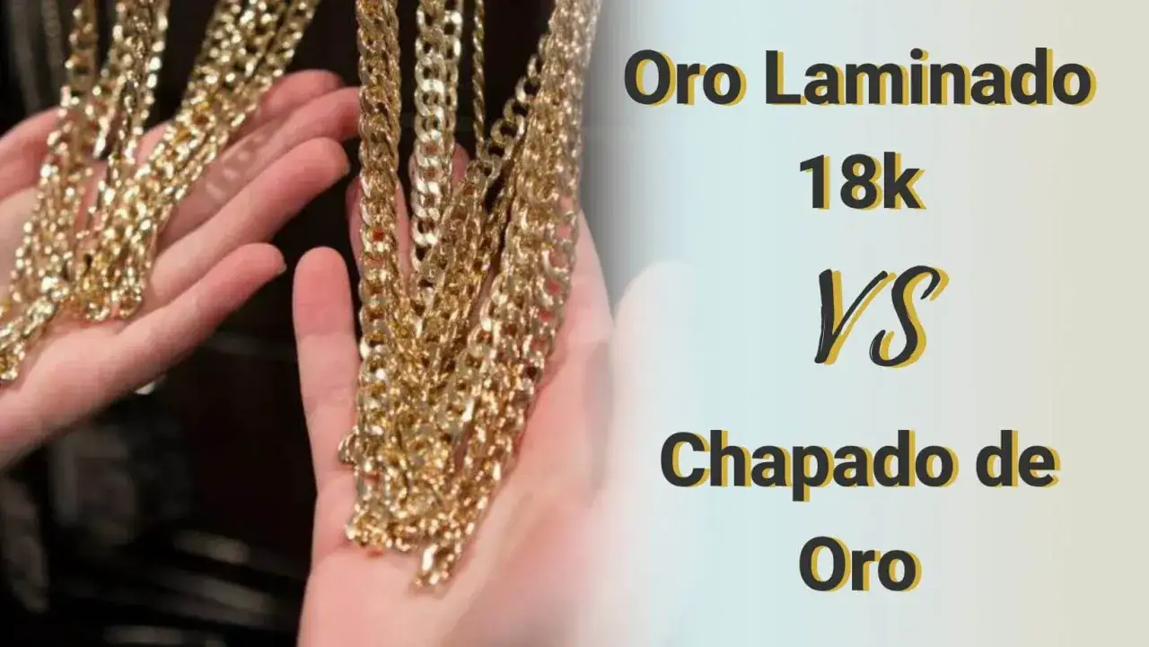 Manos sostienen cadenas de oro laminado 18k vs. chapado de oro.