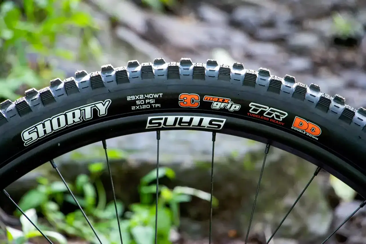 Close-up of a Maxxis Shorty tire, featuring