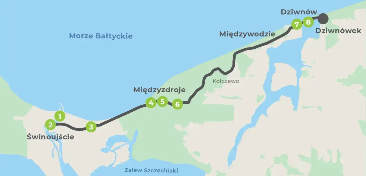 Mapa świnoujście trasy rowerowe: od Świnoujścia przez Międzyzdroje, Międzywodzie do Dziwnowa i Dziwnówka.