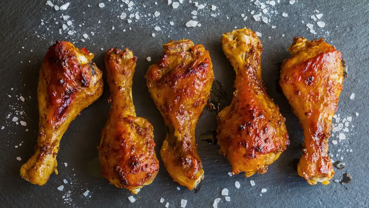 Cinque fusi di pollo dorati e succulenti, cotti alla perfezione nella friggitrice ad aria, spolverati con sale grosso su una pietra scura.