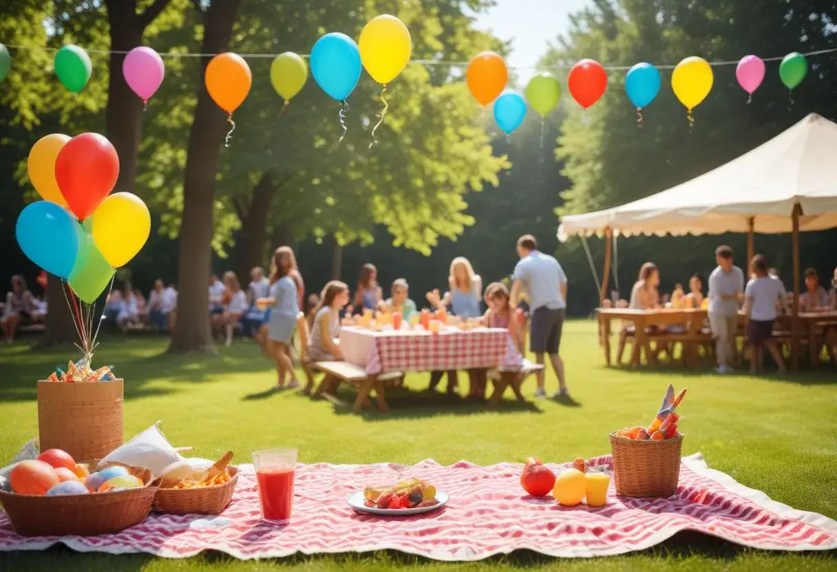 F&auml;rgglada ballonger sv&auml;var &ouml;ver en picknick i parken, perfekt f&ouml;r tips p&aring; femkamp. Familjer njuter av mat och s&auml;llskap under tr&auml;den.