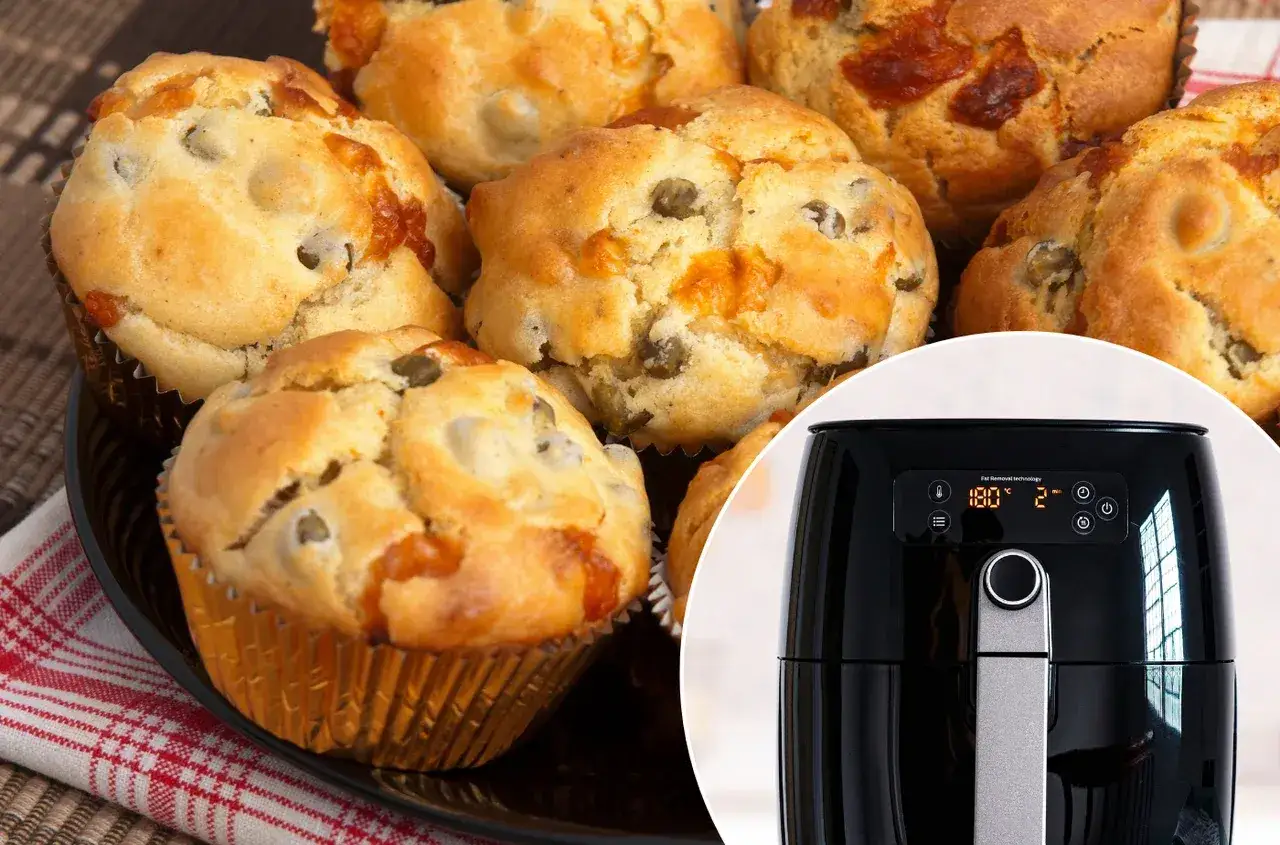 Pyszne muffinki z serem i oliwkami, idealne do przygotowania w frytkownicy beztłuszczowej. Zobacz, ile piec muffinki!