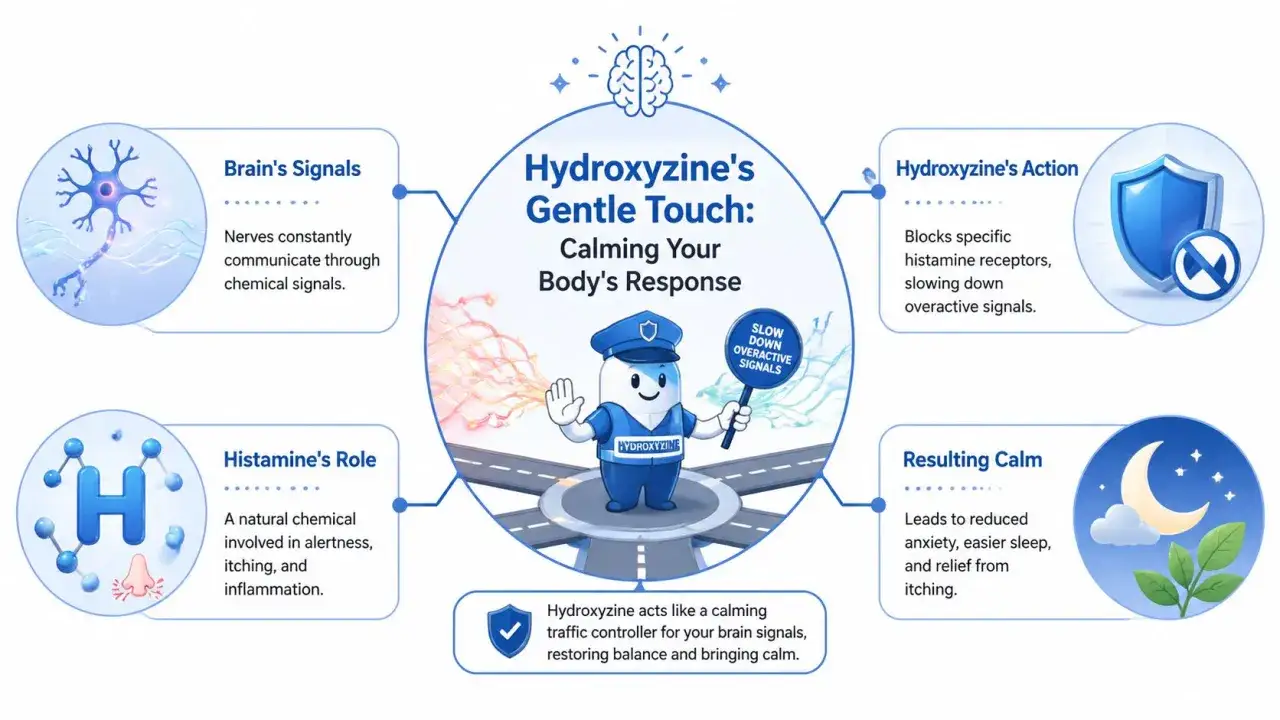 Hydroxyzinum jako kontroler ruchu dla sygnałów mózgowych, uspokaja nadaktywne impulsy, redukując lęk i swędzenie.