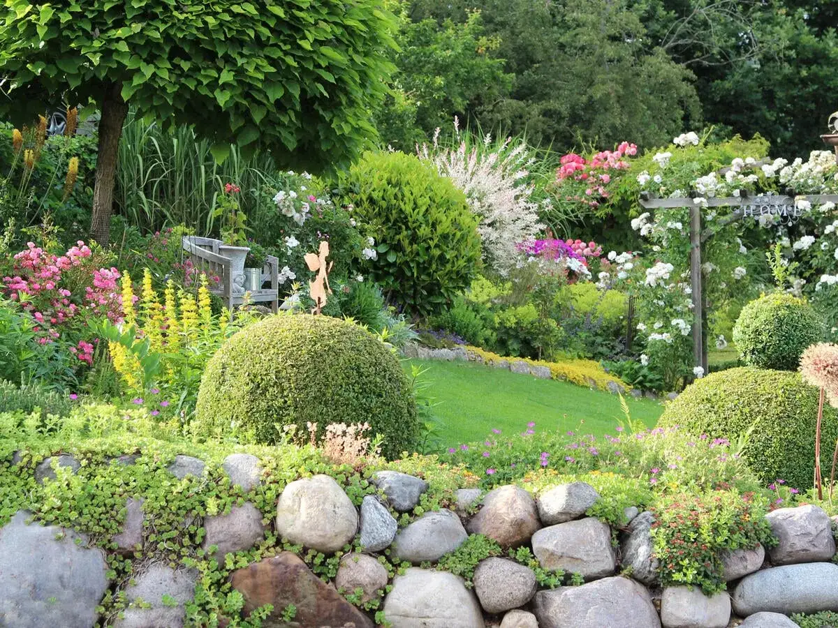 Ein üppiger Garten mit Rosen, Buchsbaumkugeln und einer Steinmauer. Tolle gartengestaltung tipps für ein blühendes Paradies.