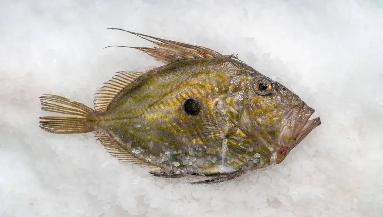 Un pez San Martiño, de carne blanca y delicada, descansa sobre hielo. Su cuerpo aplanado y sus aletas dorsales puntiagudas lo hacen inconfundible.