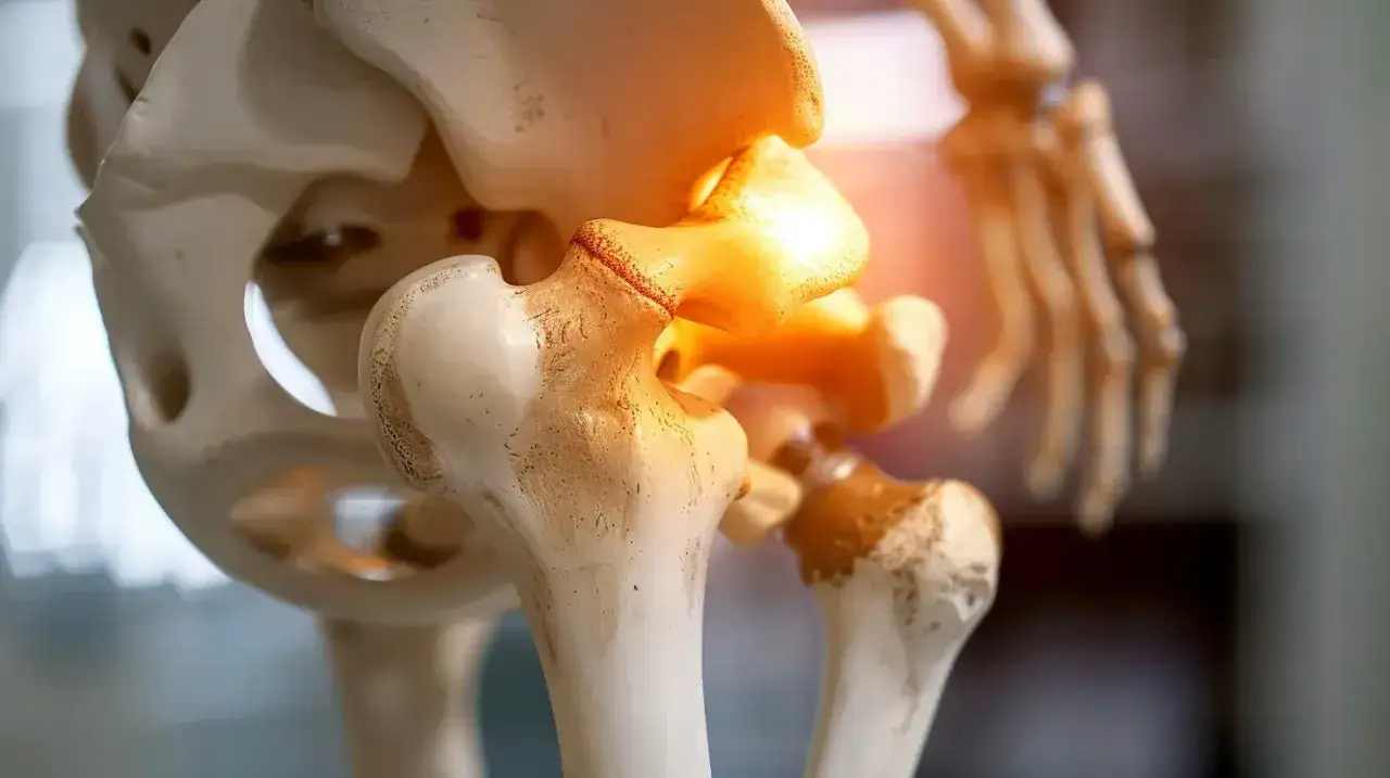 Model stawu biodrowego z zaznaczonym bólem. Poznaj domowe sposoby na ból biodra i ulgę dla stawów.