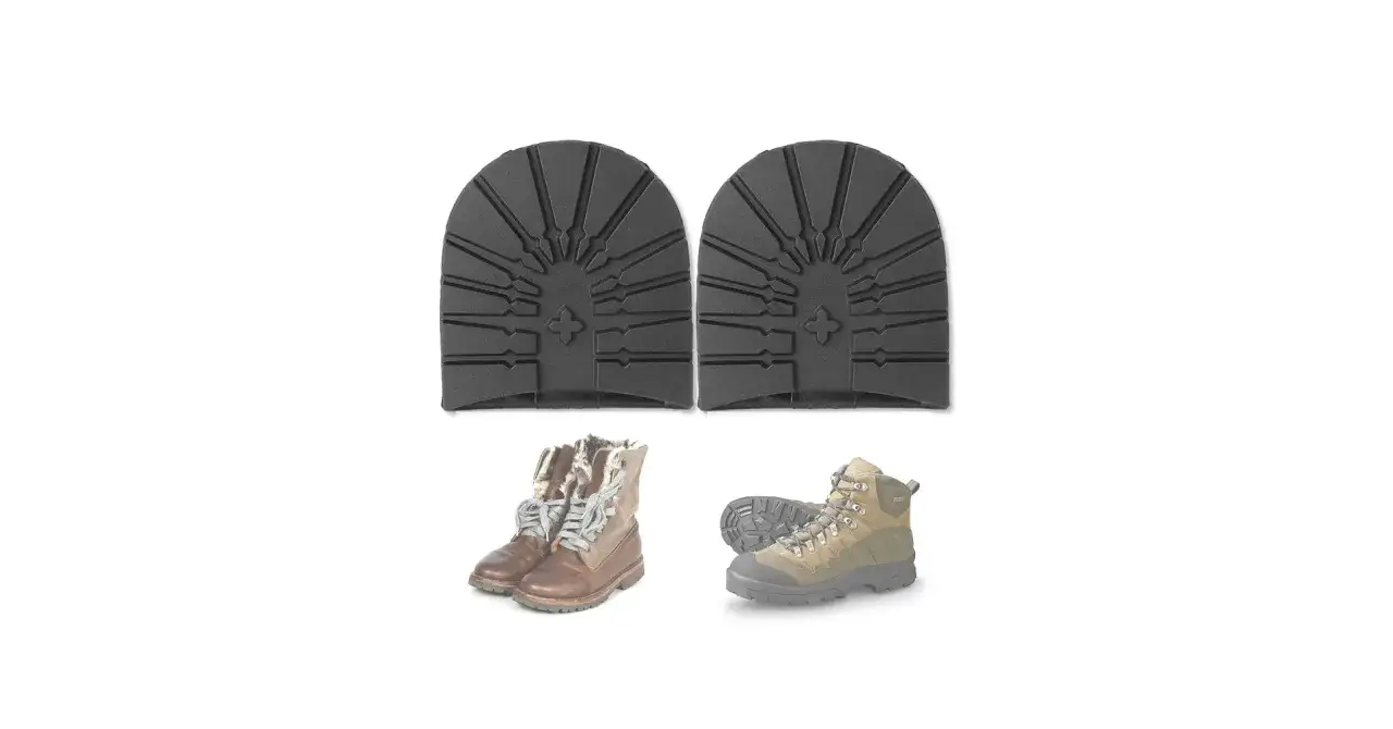Two black boot heel replacements sit above a pair of brown fur-lined boots and a pair of tan hiking boots. Imagine the shoe heel squeaking with every step.