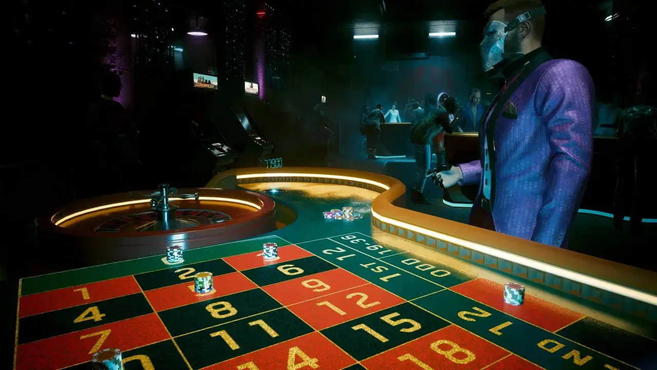 Gracz w fioletowym garniturze z maską na twarzy obstawia ruletkę. Czy postawi na czarne czy czerwone? To pytanie w stylu cyberpunk.