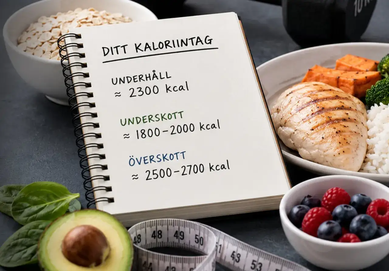 En anteckningsbok visar hur många kalorier per dag en kvinna kan behöva för underhåll, underskott eller överskott. Bredvid ligger hälsosam mat.