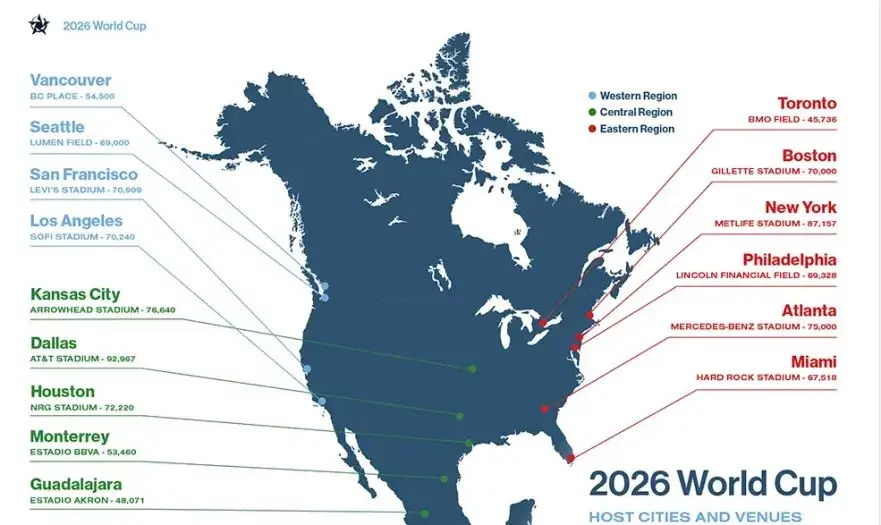 Mapa miast gospodarzy Mundial 2026