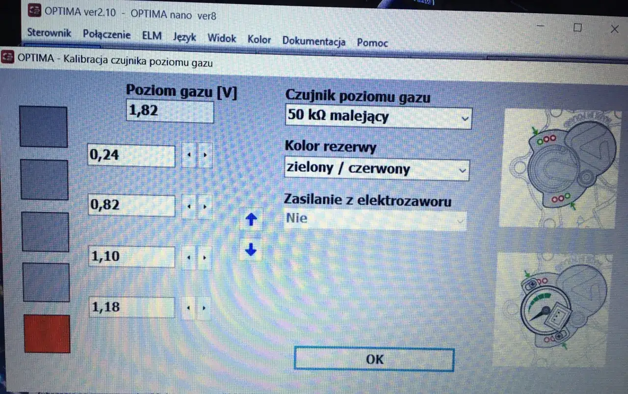 Kalibracja czujnika poziomu gazu w programie OPTIMA. Kontrolka gazu miga na zielono, wskazując prawidłowe działanie.