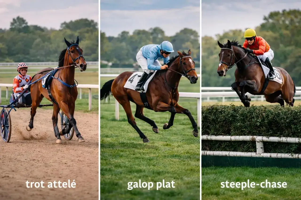 Un cavalier fran&ccedil;ais en action : trot attel&eacute;, galop plat et steeple-chase.